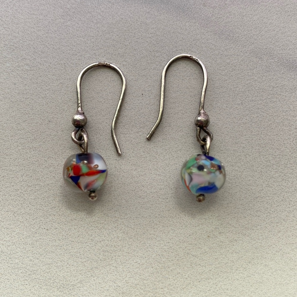 Confetti glass lamp work bead sterling silver hook‎ drop earrings 925